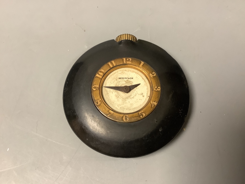 A Westclox gilt metal and hardstone timepiece, height 15cm